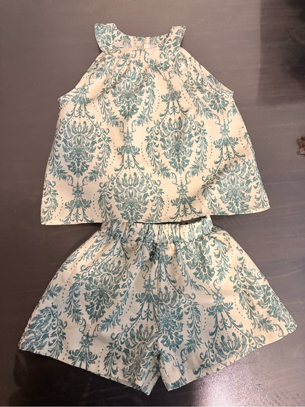 Girls' Cream & Teal Printed Halter Top with Elastic Waist Shorts